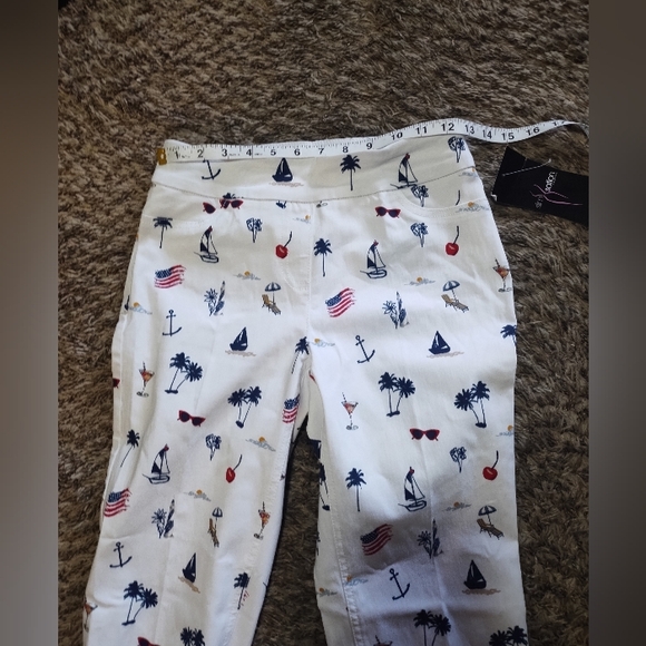 New Multiples Slim Sation Pull On Pants Nautical Patriotic Cherries - Picture 15 of 16